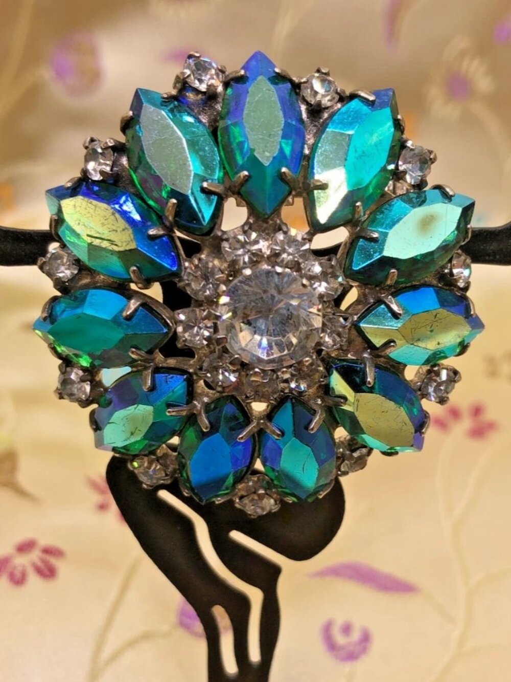 Vtg Blue AB Rhinestone Pin Brooch Flower Starburst Silver Tone Prong Spectacular